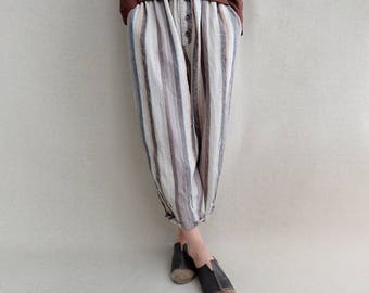 Natural Linen Stripe Pants Loose Harem Pants, Cotton Elastic Waist Pants Linen Comfortable Pants, Summer Casual Wear Lightweight Linen Pants