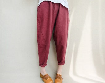 Natural Linen Cropped Pants, Linen Capri Pants Elastic Waist Cotton Zen Pants, Soft Harem Pants Summer Pants Wide Leg Pants Legging Women