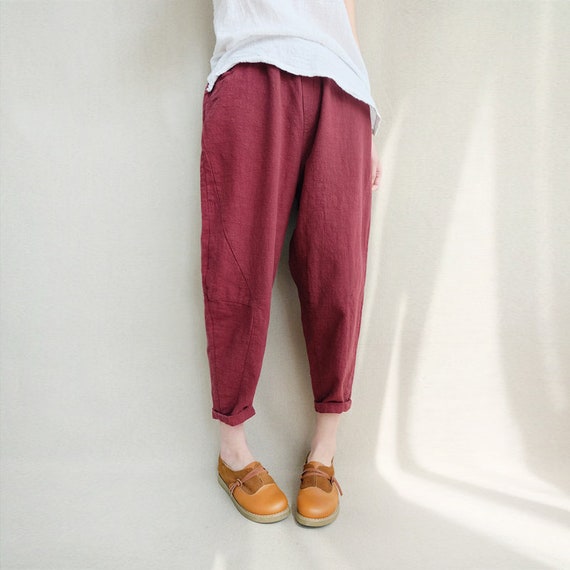 Buy Natural Linen Cropped Pants, Linen Capri Pants Elastic Waist