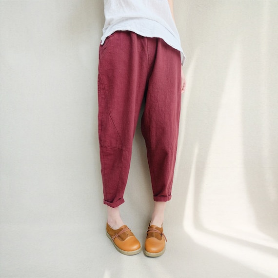 Natural Linen Cropped Pants Linen Capri Pants Elastic Waist