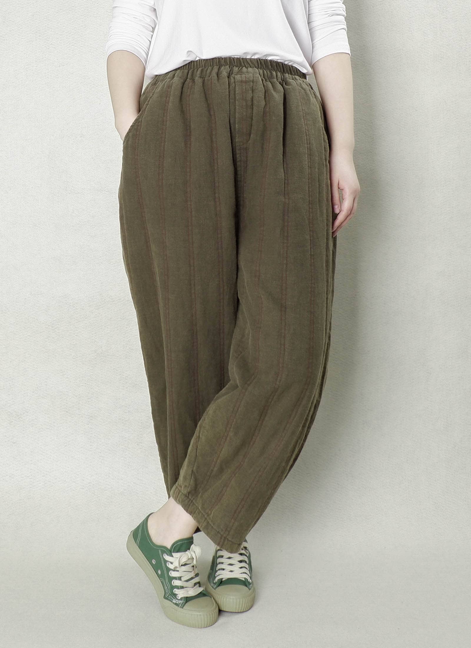 Winter Linen Pants For Women, Striped Pants Thicken Elastic Waist Pants, Wide Leg Pants Crotch Pants, Warm Slacks Cotton Thermal Pants
