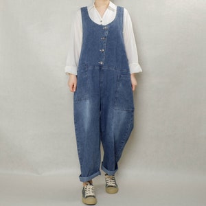 Retro Denim Overalls, Pockets Bib Twill Jumpsuit, Everyday Overalls, Full Length Denim Jumpsuit Jean Romper, Comfy Dungarees Gifts For Her