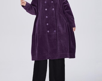 Oversized Corduroy Trench Coat, Women's Double Breasted Purple Winter Coat