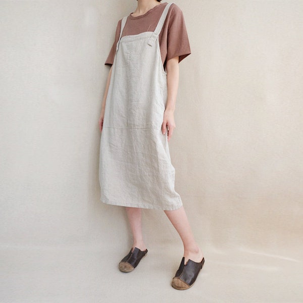 Ladies Casual Linen Strap Dress ,Summer Dress Loose Pinafore Dress With Pockets, Handmade Clothing Garden Dress Lounge Wear Adjustable Dress