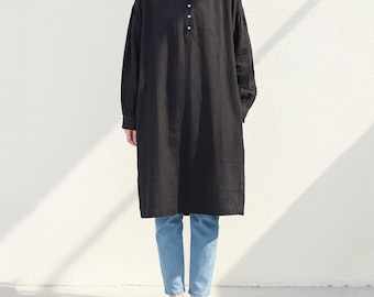 Black Linen Midi Shirt Dress, Loose Fit, Minimalist Long Sleeve Tunic, Casual Pockets