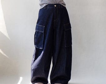 Oversized Wide Leg Denim Cargo Pants: Retro Slouchy Streetwear