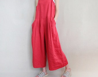 Weiche Leinen-Overalls, Baggy-Overalls für Damen, Freizeit-Hosen mit weitem Bein, bequeme Sommerkleidung, lockere Overalls mit Taschen