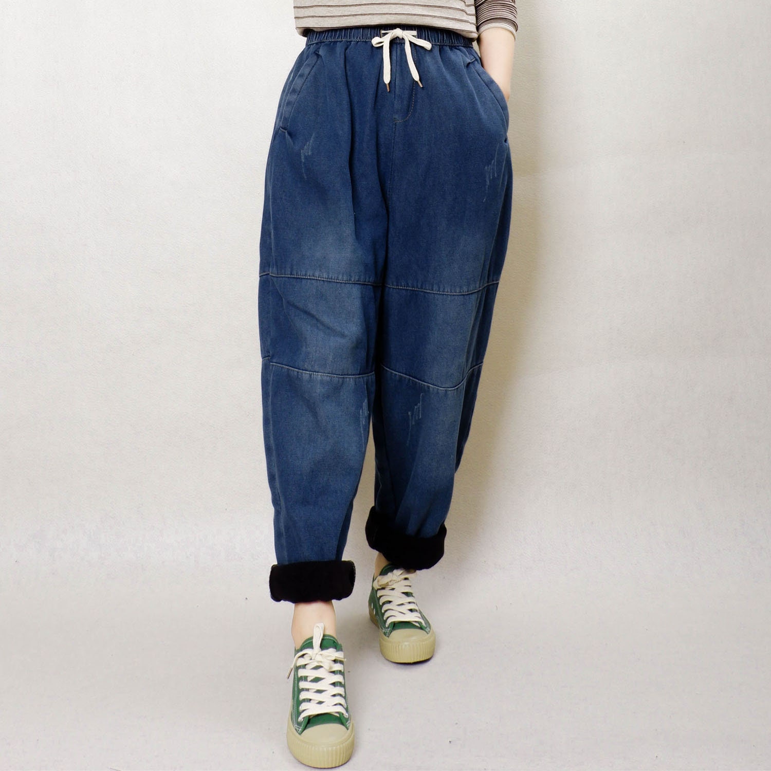 Women Blue Denim Pants Elastic Waist Jeans With Drawstring - Etsy