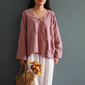 Loose Fit Linen Blouse Women, Soft Linen Blouse, Linen Cardigan Plus Size Clothing, Linen Shirt, Spring/Fall Clothing, Simple Linen Tops 画像 2