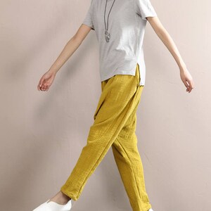 Women Comfortable Pants Regular Linen Trousers, Elastic Waist Cotton Zen Pants, Harem Pants Wide Leg Pants, Yellow Trousers Yoga Pants image 4