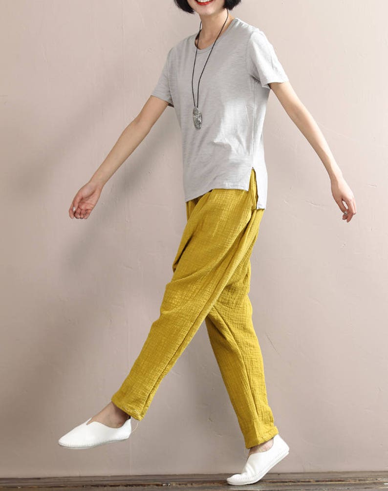 Women Comfortable Pants Regular Linen Trousers, Elastic Waist Cotton Zen Pants, Harem Pants Wide Leg Pants, Yellow Trousers Yoga Pants image 4