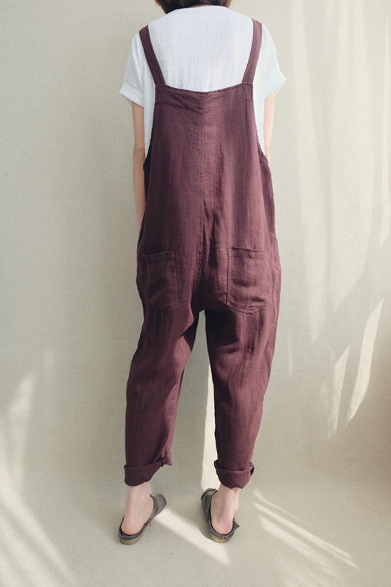 Linen Overalls For Women, Casual Linen Jumpsuits Garden Trousers With Pockets, Loungewear Harem Pants, Organaic Clothes Natural Linen Romper image 7