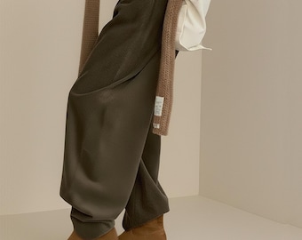 Corduroy Harem Pants Women, Elastic Waist Barrel Pants, Soft Loose Cotton Trousers, Olive Green Casual Autumn Winter Pants