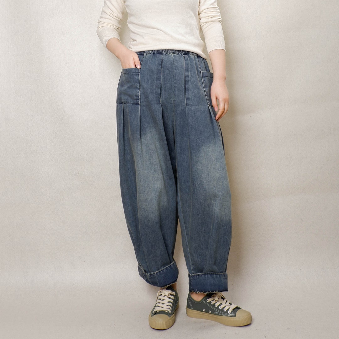 Women Casual Denim Pants Elastic Waist Trousers Autumn Jeans Drop