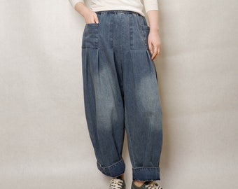 Women Casual Denim Pants Elastic Waist Trousers Autumn Jeans Drop Crotch Pants Loose Fitting Pants Avant Garde Clothing