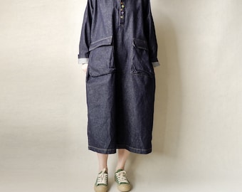Vintage Denim Midi Shirt Dress: Oversized Bohemian Cotton Clothing