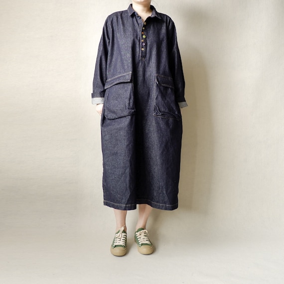 Vintage Denim Midi Shirt Dress: Oversized Bohemian Cotton Clothing