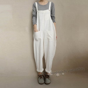 Women Cream White Dungarees Linen Overalls Spring Wear With Pockets, Customized Lightweight Jumpsuits Handmade Clothing By Lovecutething image 4