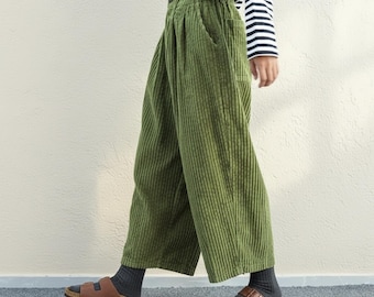 Handmade Cotton Corduroy Wide Leg Pants: Relaxed Fit Trousers, Soft Custom Elastic Waist Trousers
