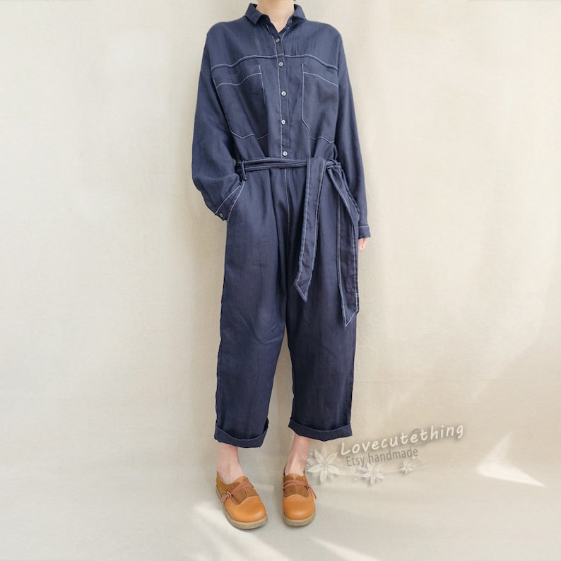 Women Linen Button Jumpsuits With Pockets Casual Long Sleeve Etsy