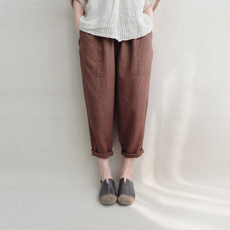 Linen Cropped Pants Handmade Capris Lounge Wear Elastic Waist Pants, Linen Elegant Pants Harem Pants Summer Pants Casual Pants Women image 1