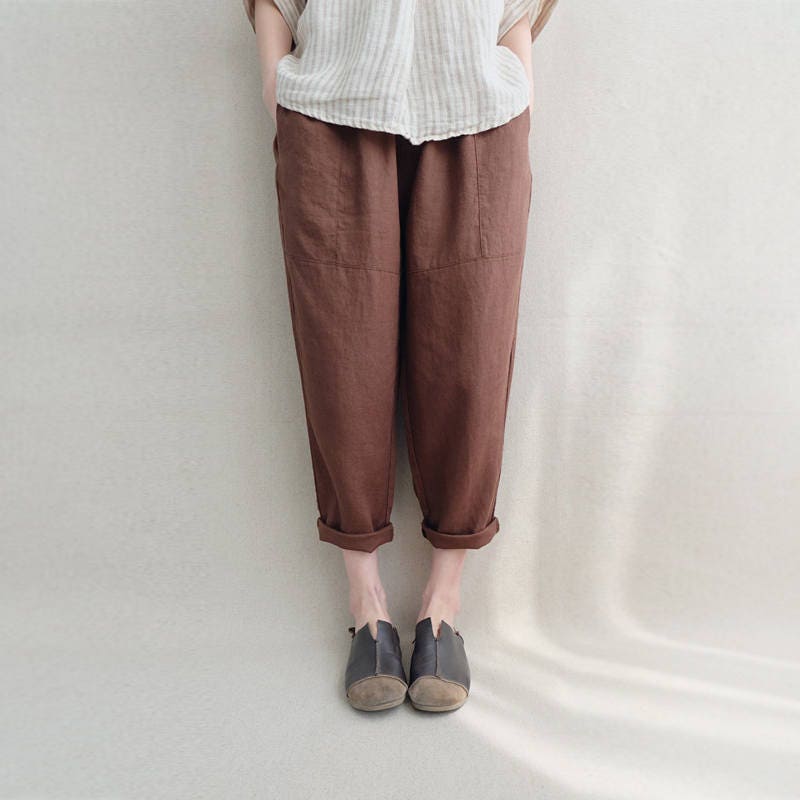 Women Cropped Pants Elastic Waist Pants Linen Elegant Pants - Etsy