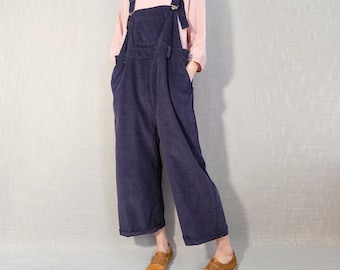 Blue Corduroy Overalls, Wide Leg Jumpsuit, Warm Adjustable Dungarees, Vintage Bib Pants