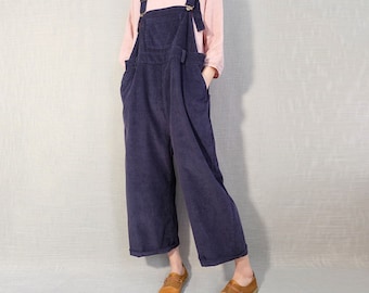 Comfortable Blue Corduroy Overalls Leisure Jumpsuits For Women, Warm Corduroy Jumpsuit Adjustable Dungarees Wide Leg Pants Vintage Bib Pants