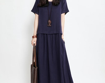Linen Maxi Dress: Short Sleeve Loose Fitting Summer Dress, Casual Comfortable Wear