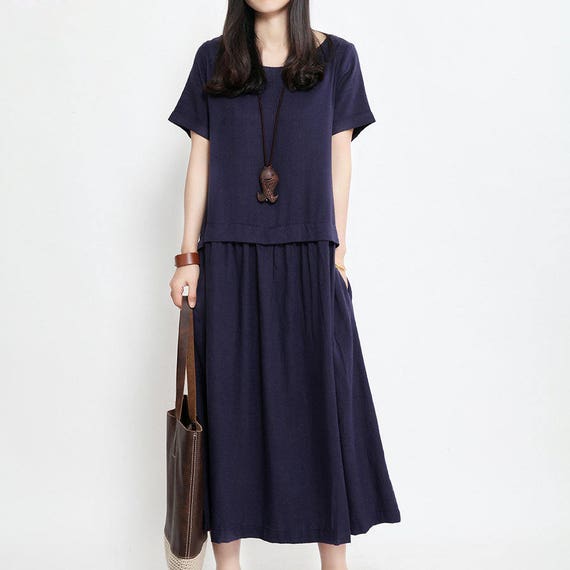 Linen Maxi Dress: Short Sleeve Loose Fitting Summer Dress, Casual Comfortable Wear
