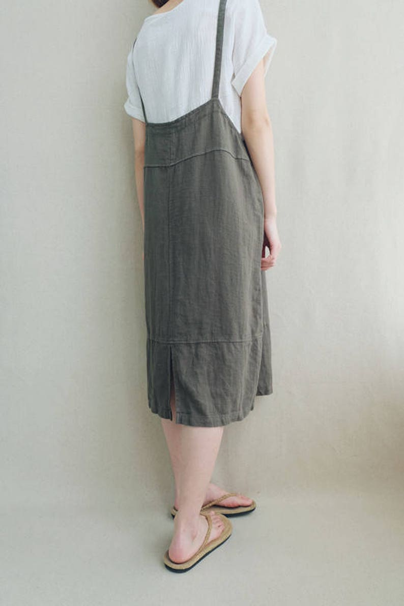 Women Comfortable Apron Tunic Strap Dress Cotton Casual Linen Dress Vest Dress Leisure Pinafore Dress image 6