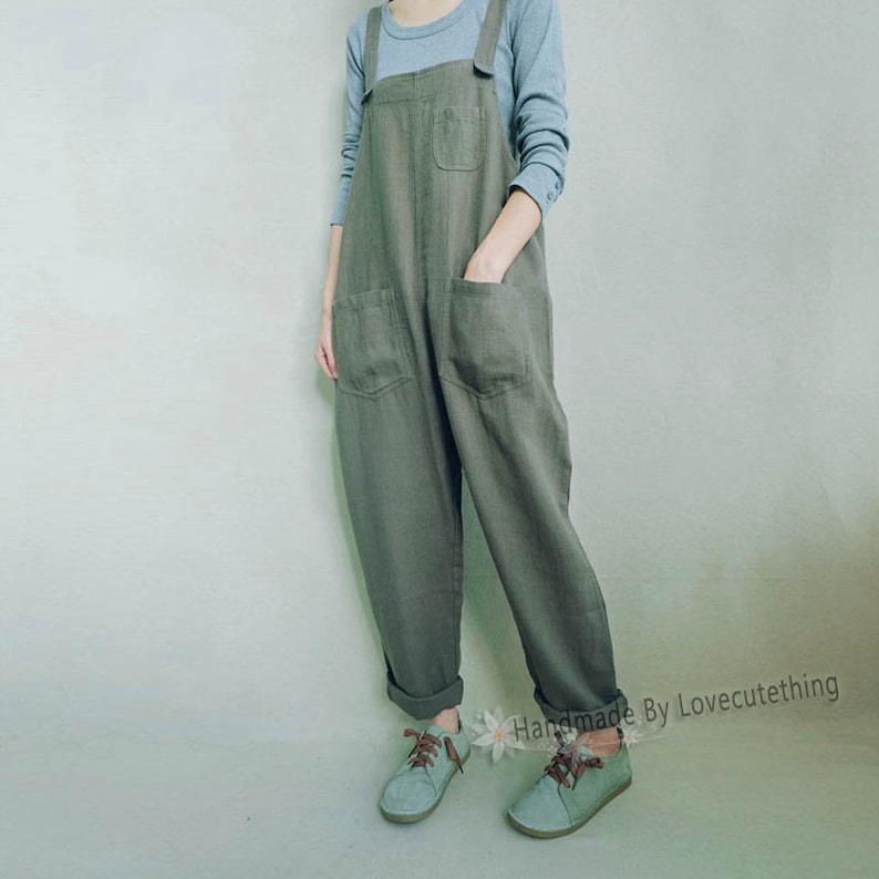Breathable Linen Overalls Sturdy Pants With Pockets, Unisex Dungaress Gifts For Her, Customizable Lightweight Jumpsuits Gifts For Sister image 5