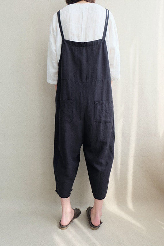 Women Loose Black Linen Jumpsuits Overalls Pants With Pockets