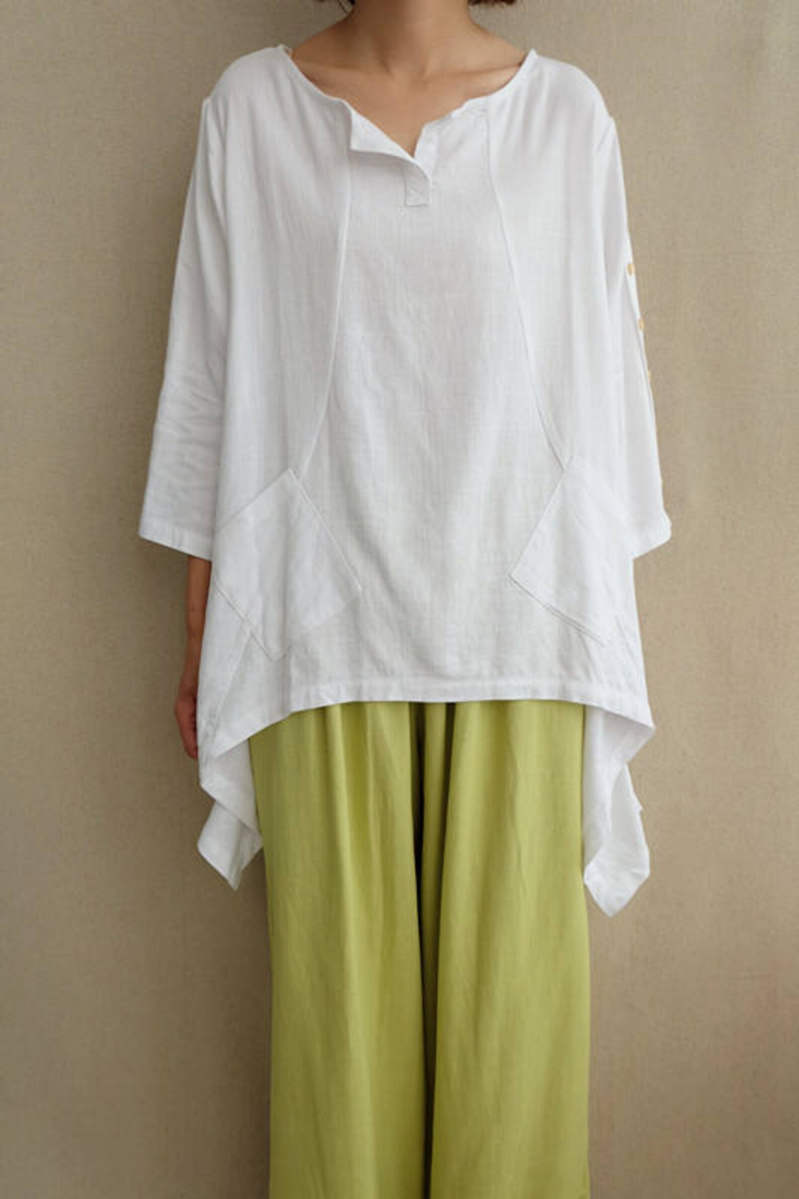 Women White Linen Tops Long Sleeve Blouse Asymmetrical Shirt Etsy