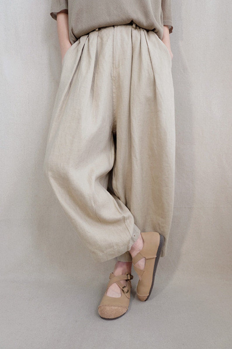 Soft Plain Pants Linen Capri Pants Elastic Waist Cotton Zen Pants Gifts For Her, Linen Harem Pants Summer Pants Wide Leg Pants With Pockets image 2