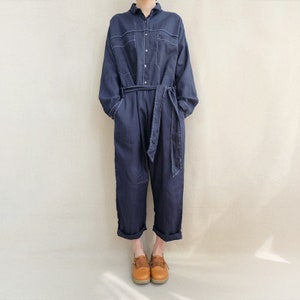 Linen Cropped Jumpsuit: Long Sleeve Button Overalls With Belt
