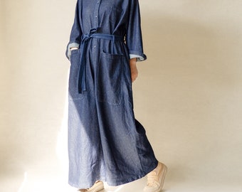 Wide Leg Denim Wrap Jumpsuits, Vintage Denim Romper, Loose Fit Overalls Button Overalls With Pockets, Kimono Sleeve Jumpsuits With Belt