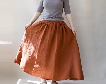 Orange Yarn-Dyed Linen Maxi Skirt: Vintage A-Line Flowy Skirt