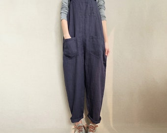 Ademende linnen overalls Stevige broek met zakken, Unisex tuinbroek cadeaus voor haar, aanpasbare lichtgewicht jumpsuits cadeaus voor zus