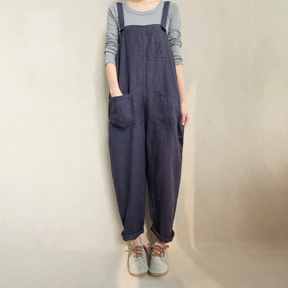 Breathable Linen Overalls Sturdy Pants With Pockets, Unisex