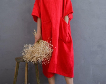 Loose Cotton Gauze Dress Soft Robes, Plus Size Dress, Puffy Sleeve Dress, Summer Dresses, Red Dress With Pockets