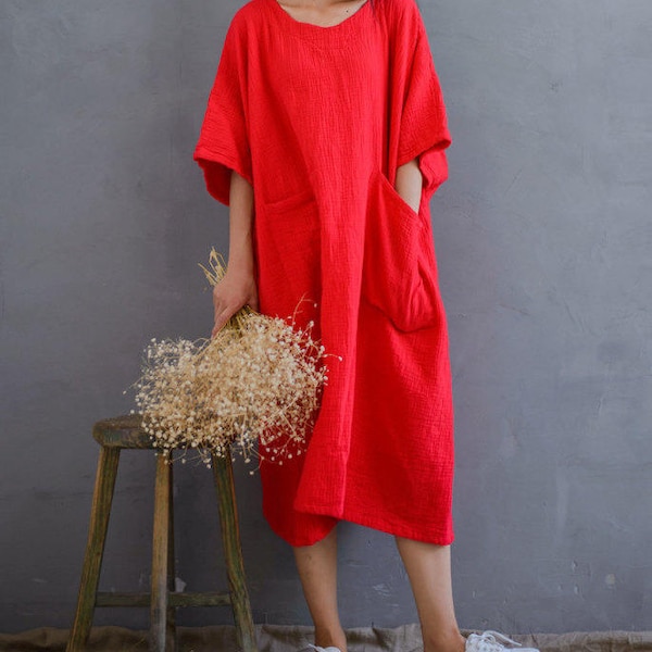 Robe ample en gaze de coton Robes douces, Robe grande taille, Robe à manches bouffantes, Robes d'été, Robe rouge avec poches