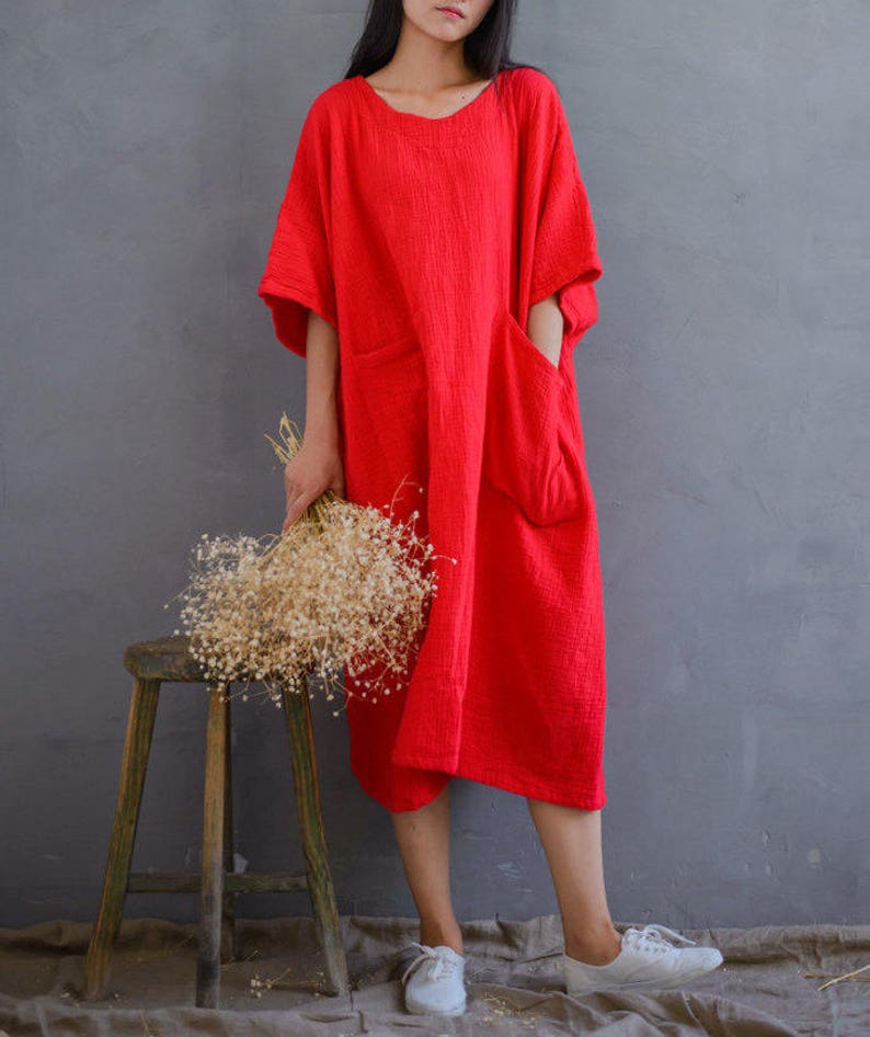 Loose Cotton Gauze Dress Soft Robes, Plus Size Dress, Puffy Sleeve Dress, Summer Dresses, Red Dress With Pockets image 1