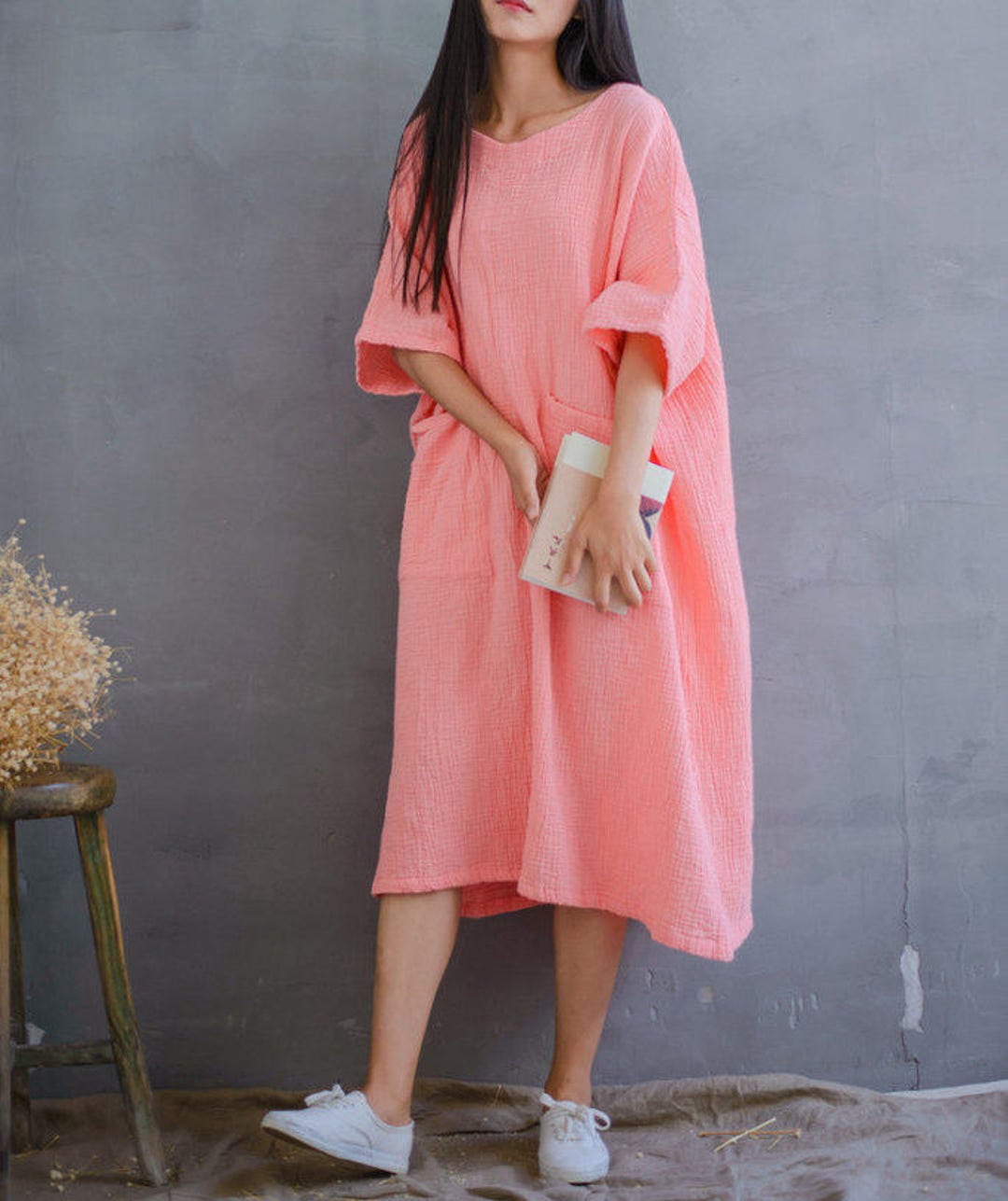 Women Loose Cotton Dress Plus Size Dress Long Sleeve Dress Etsy