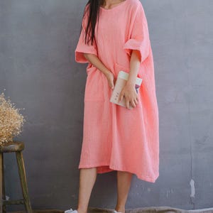 Loose Cotton Gauze Dress Women, Plus Size Oversized Pink Summer Dress, Casual Comfortable Top