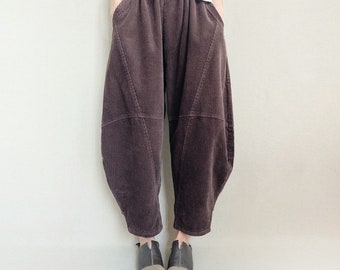 Corduroy Wide Leg Cropped Pants Women, Soft Elastic Waist Trousers, Casual Autumn Winter Pants
