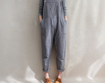 Distressed Cotton Linen Overalls, Women's Summer Jumpsuit, Wide Leg Bib Pants