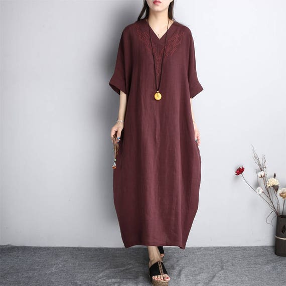 Women Summer Linen Tunic Long Dress V Neck Dress Asymmetrical | Etsy
