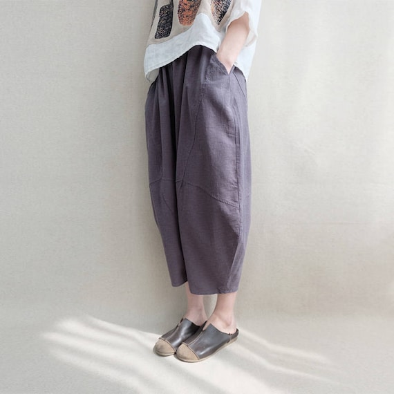 Women Calf-length Pants Cotton Capri Pants Elastic Waist Linen - Etsy