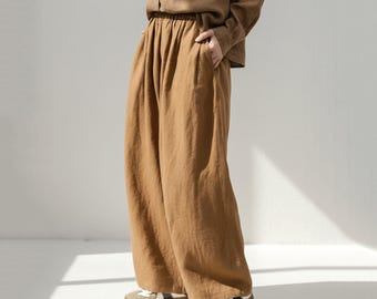 French Linen Wide Leg Pants, Sand Washed Relaxed Fit Trousers, Summer Casual, Elastic Waist